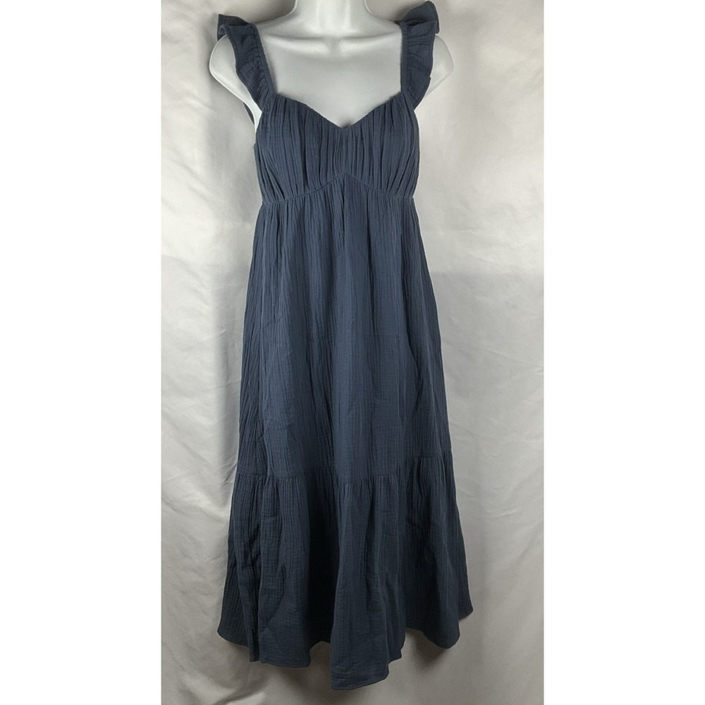 Hem & Thread Women's Size Small Slate Blue Gauzy Ruffle Sweetheart Neckline Midi